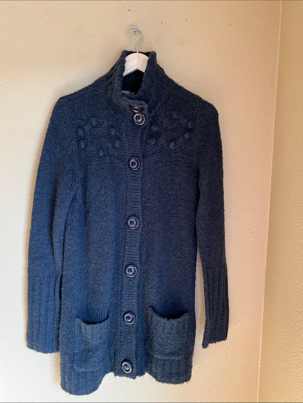 Kensie Pretty Funnel Collar Knit Cardigan with Distinctive Large Front Buttons L